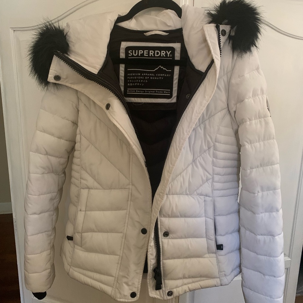 Superdry Women's White Puffer Jacket with Black Fur Detail